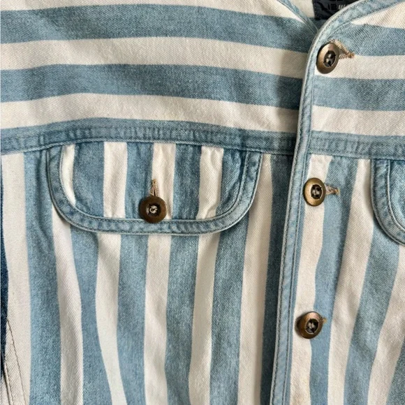 Li2 Wear Striped Blue and White Denim Bomber Jacket Button up Vintage Womens L - Picture 2 of 5